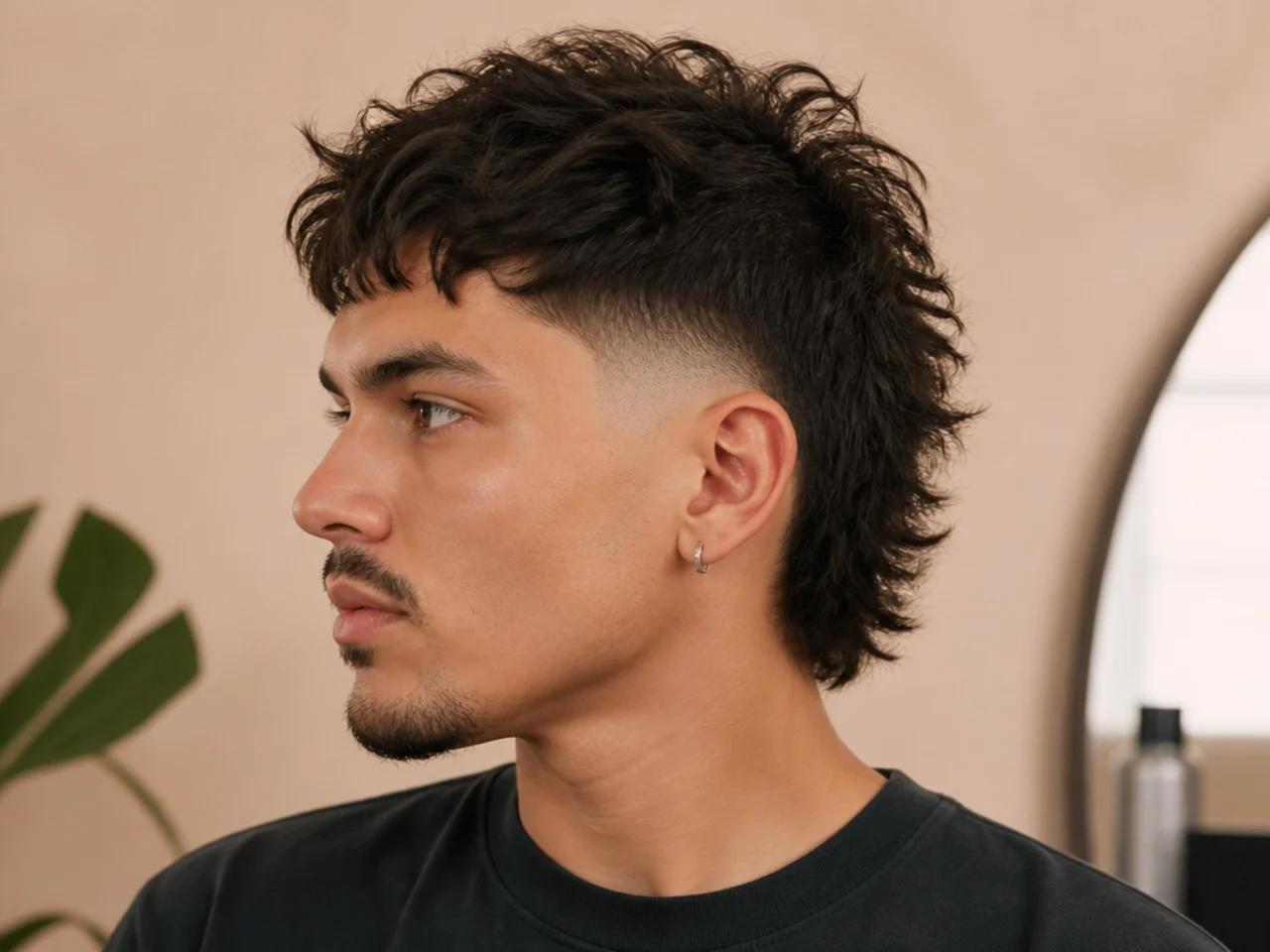 Short wolf cut with mid fade blending at the temple with layered top