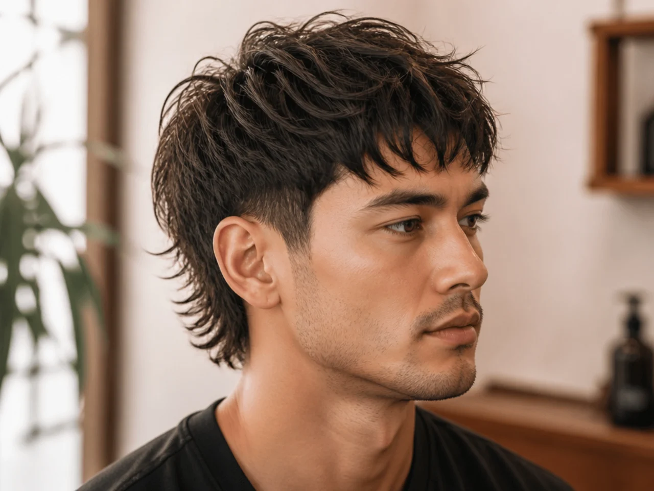 Barber and client discussing short wolf cut reference photos in a modern barbershop