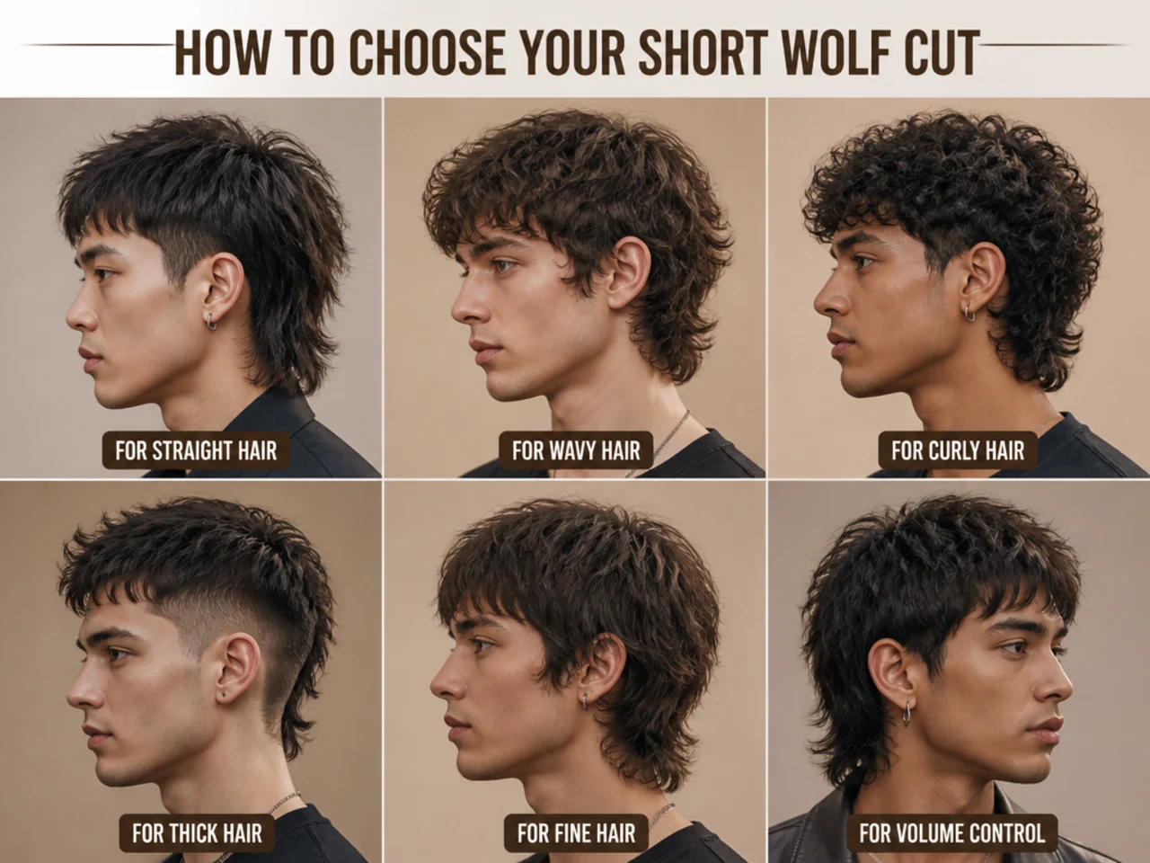 Side-by-side comparison of three short wolf cut variations on three men with different hair types