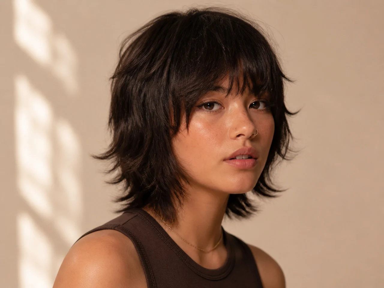 Short wolf cut on thick hair with a heavy fringe