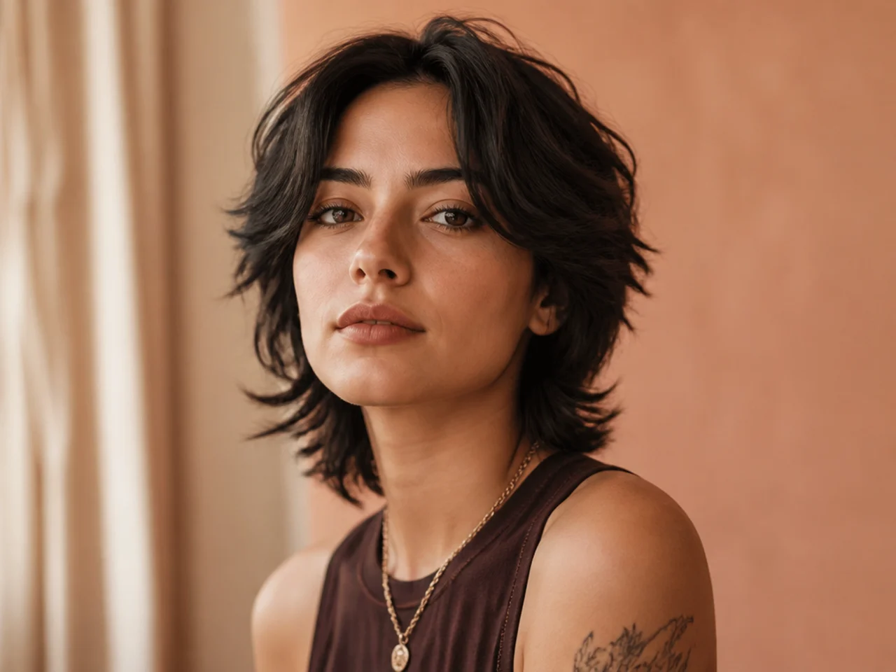 Short wolf cut with face-framing layers and no fringe