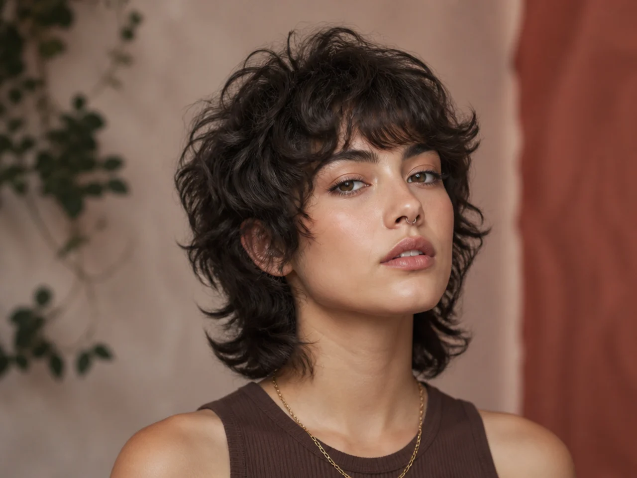 Short curly wolf cut with curly bangs