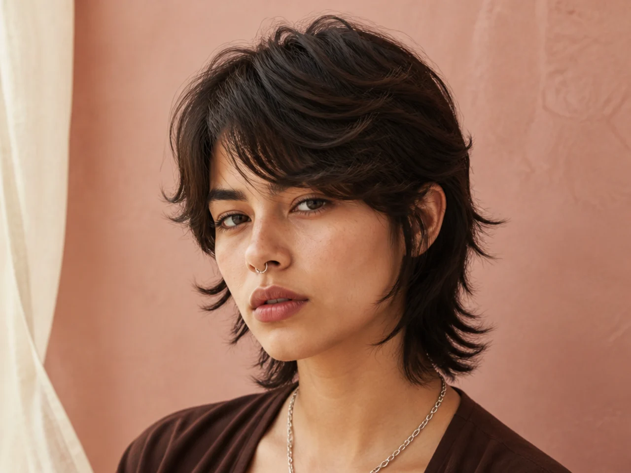 Short wolf cut with side-swept bangs