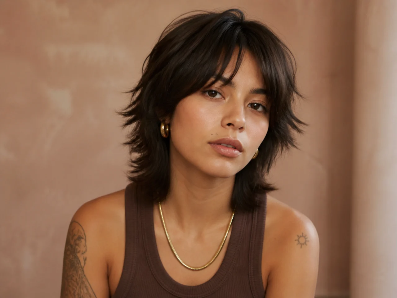 Short wolf cut with long soft Birkin bangs