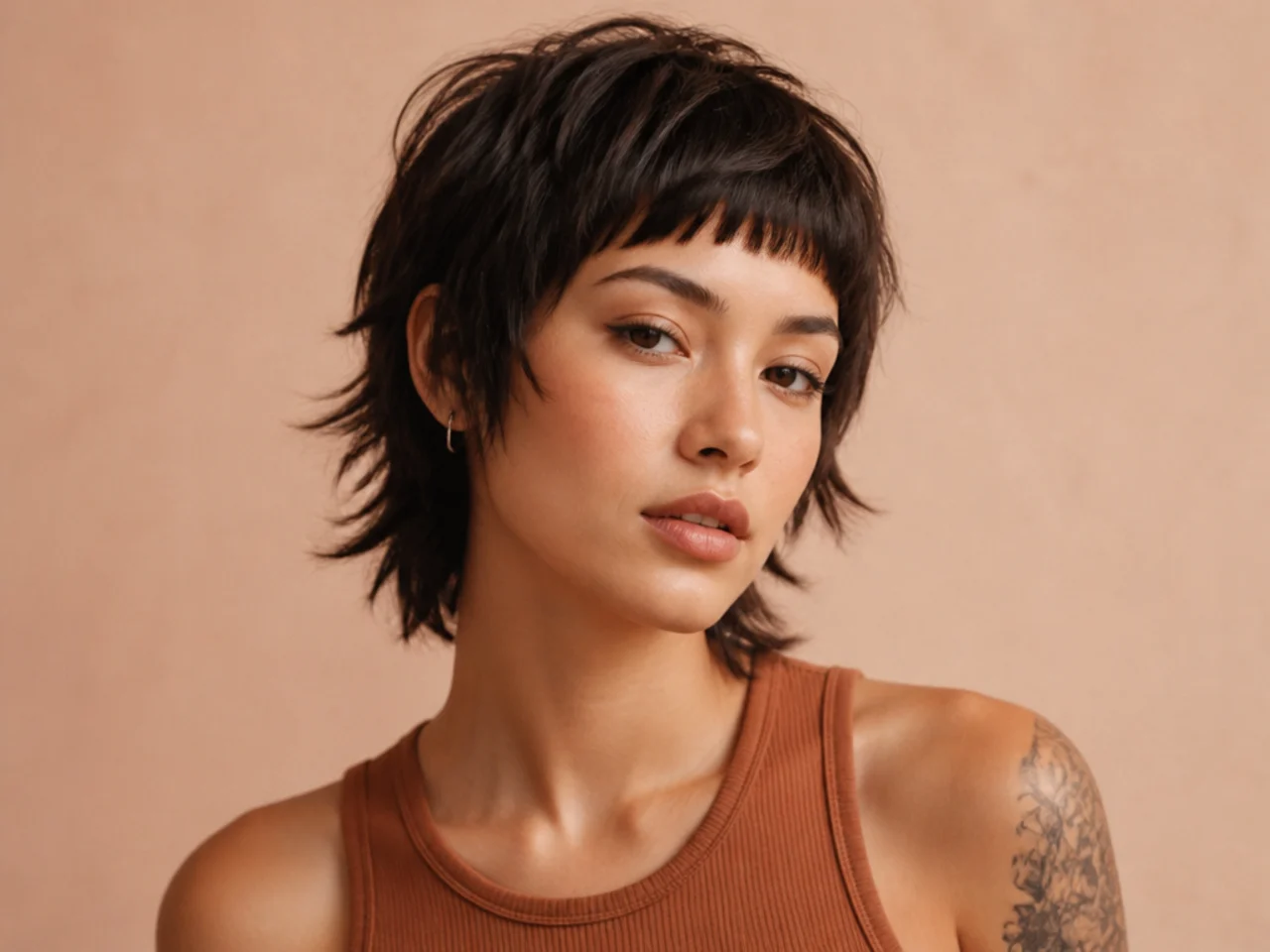 Short wolf cut with very short baby bangs