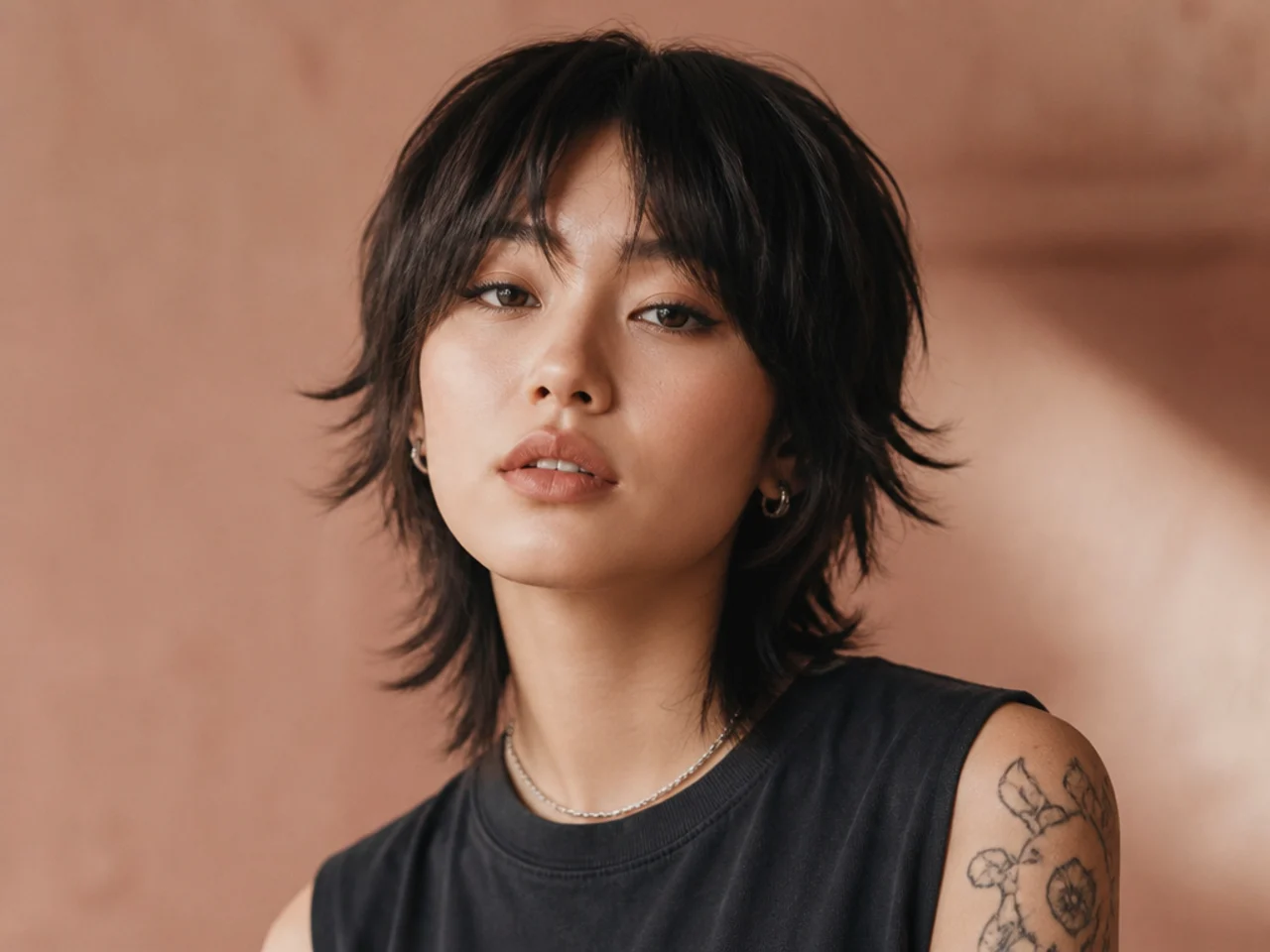 Short wolf cut with a V-shaped fringe