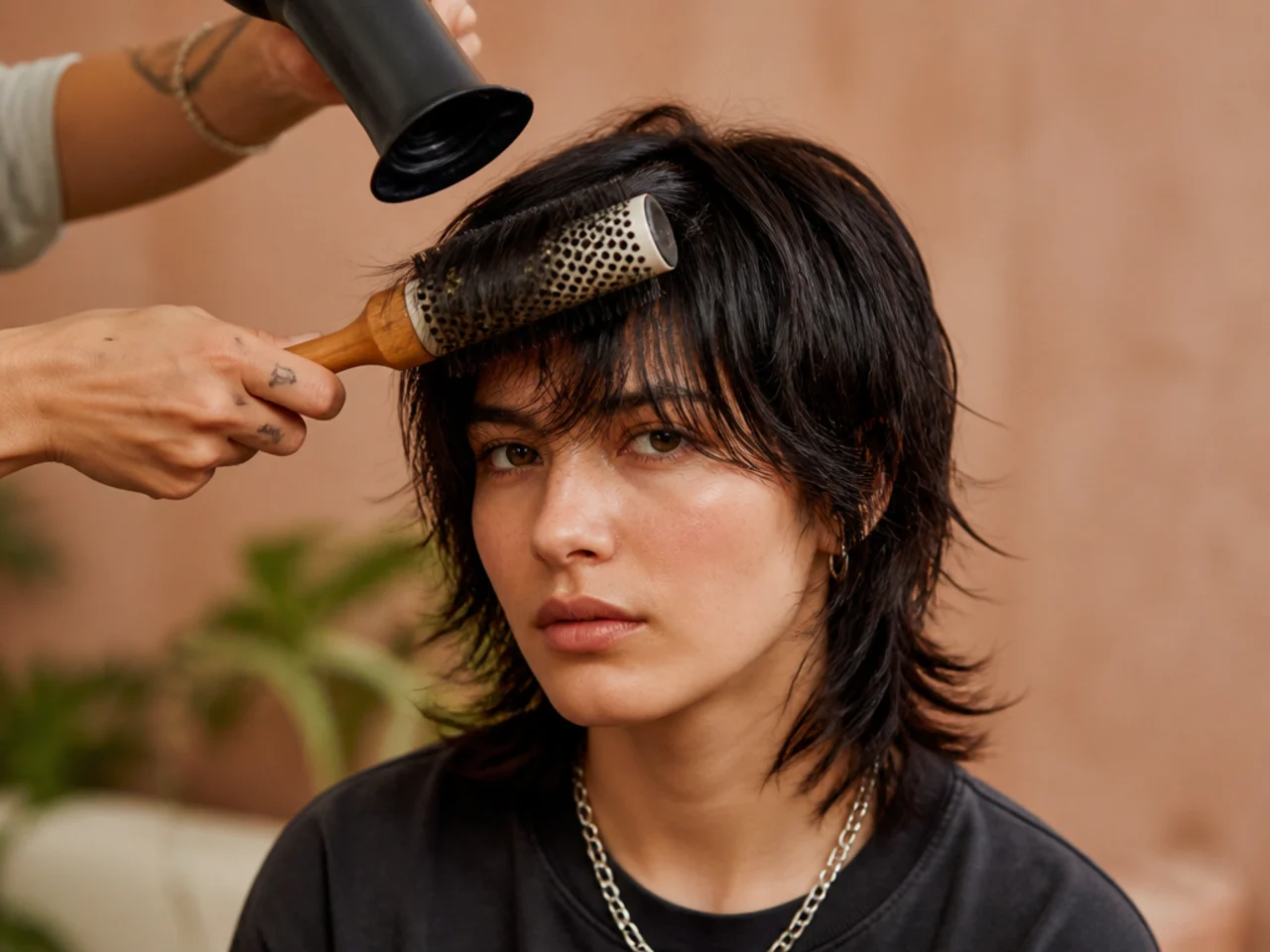 A fringe being blow-dried and directed while damp