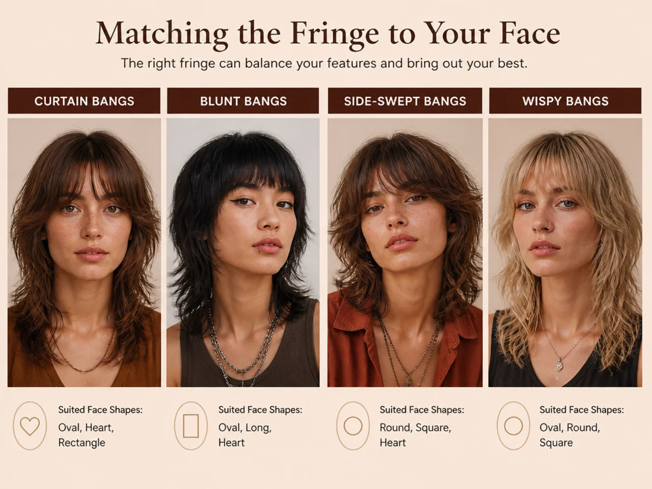 Four fringe types labelled with the face shapes they suit