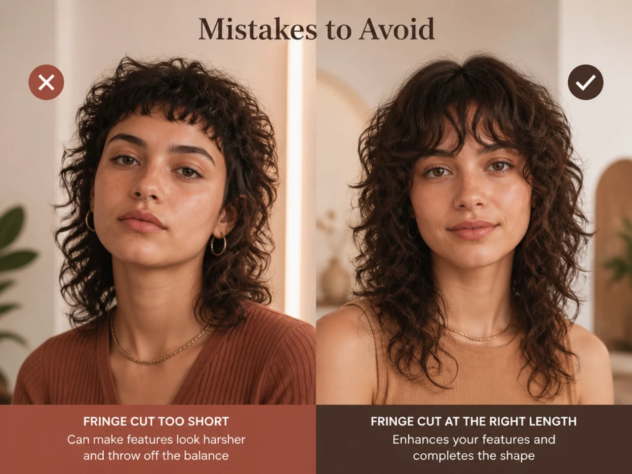 A curly fringe cut too short beside one cut dry at the right length