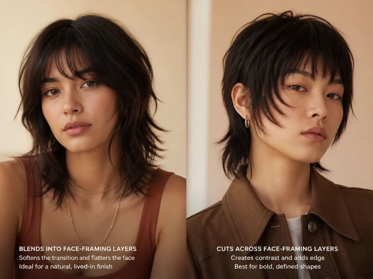 A fringe blending into face-framing layers beside one cutting across them
