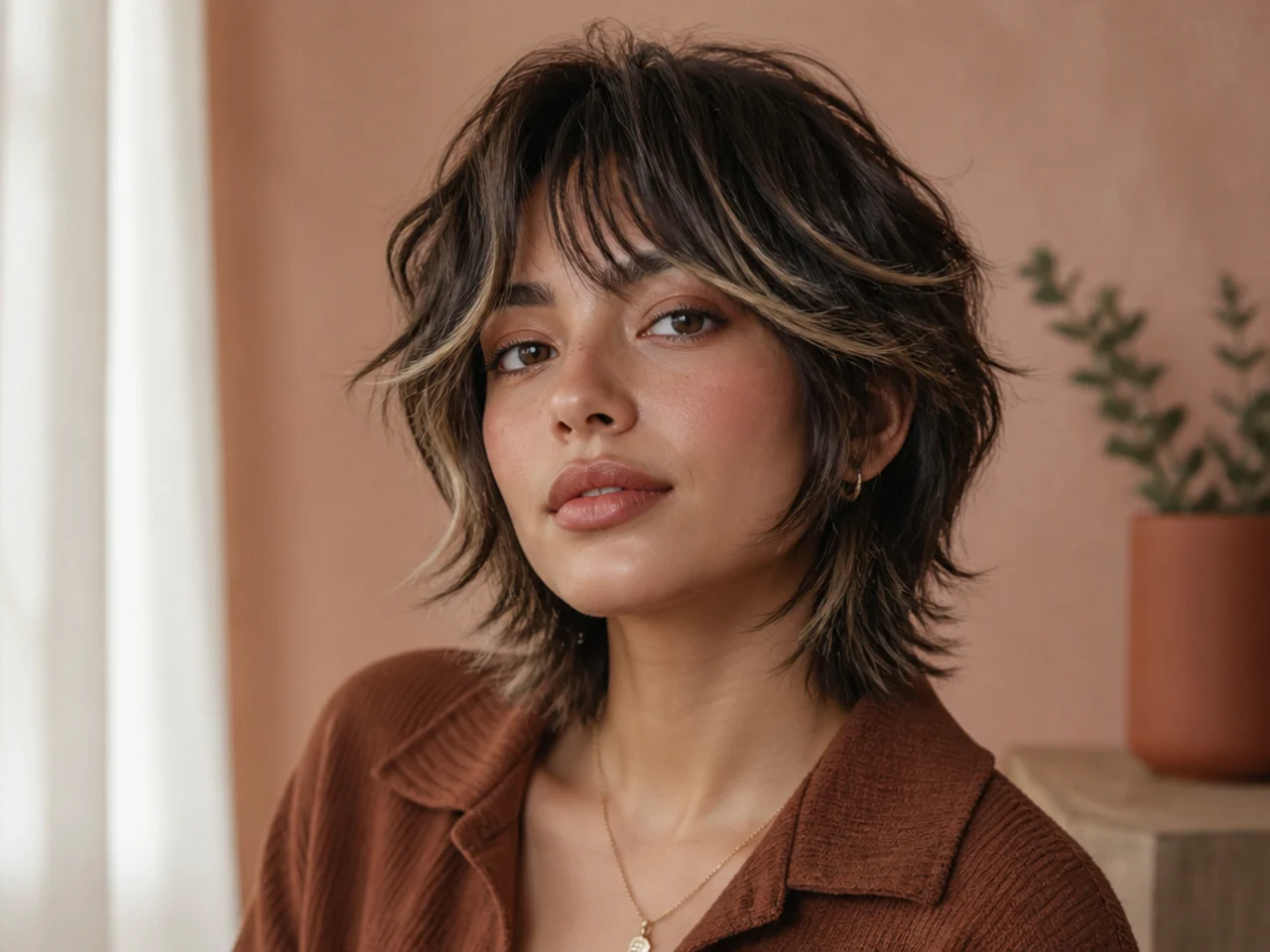 Short wolf cut with face-framing highlights