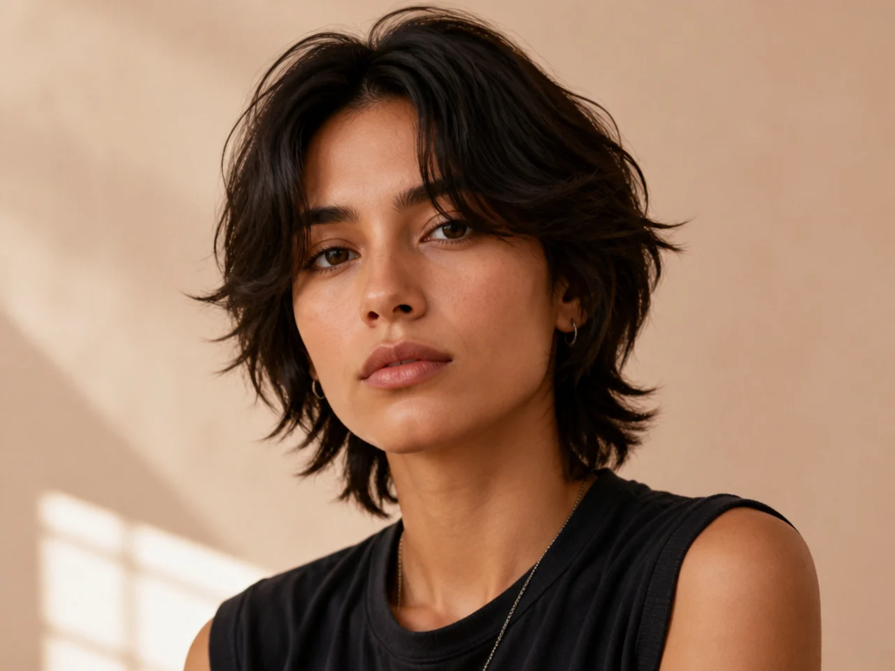 Short wolf cut with a centre parting