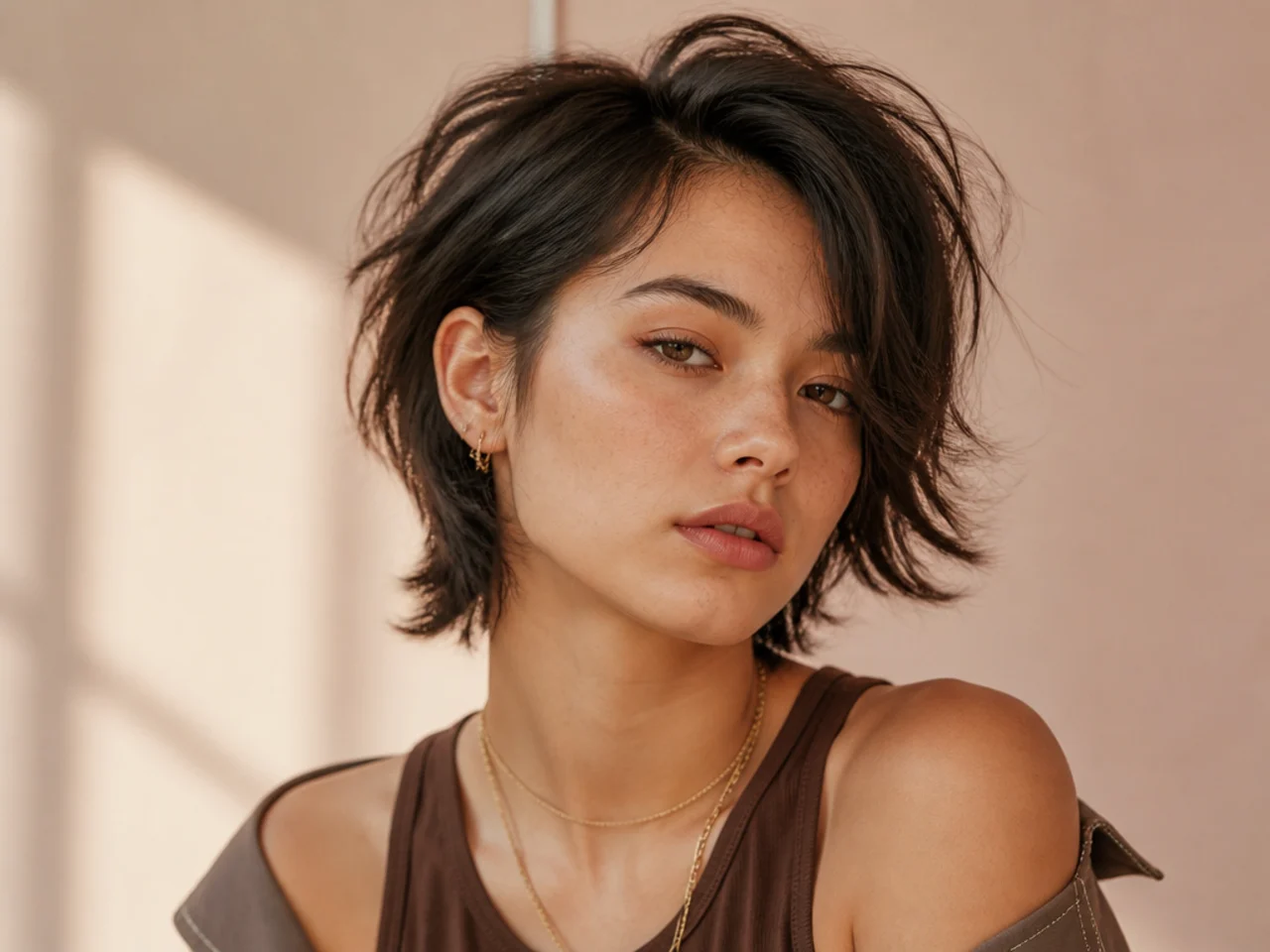 Short wolf cut with a deep side parting