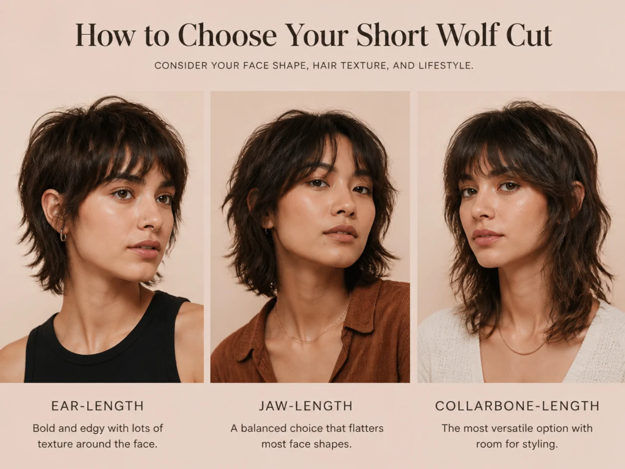 Ear, jaw and collarbone length short wolf cuts compared