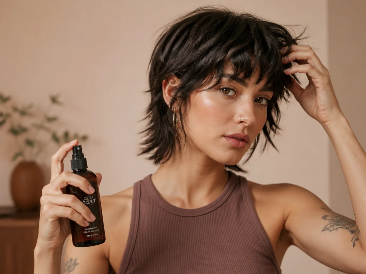 Salt spray beside short layered hair being scrunched