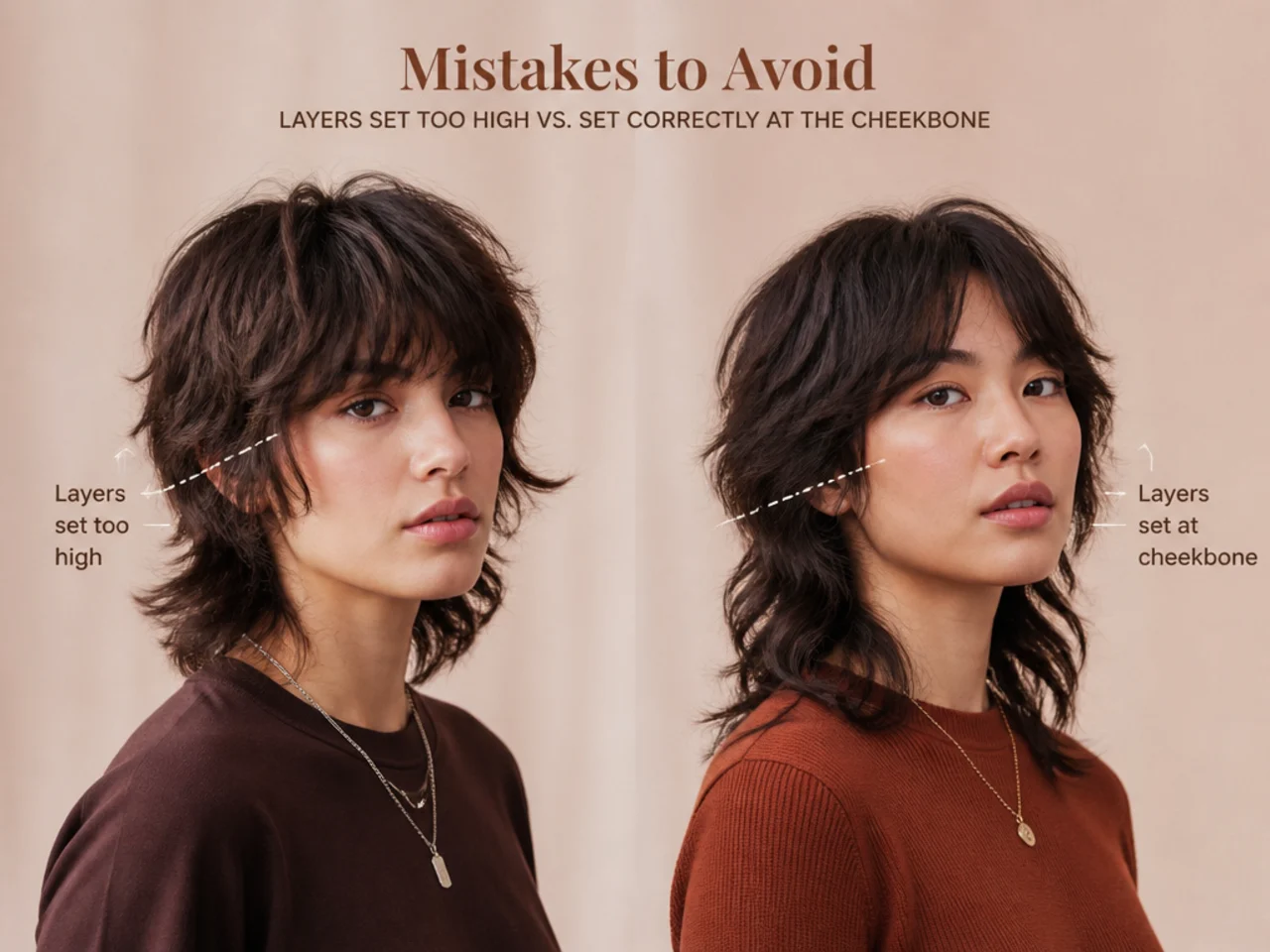 Layers set too high beside layers set correctly at the cheekbone