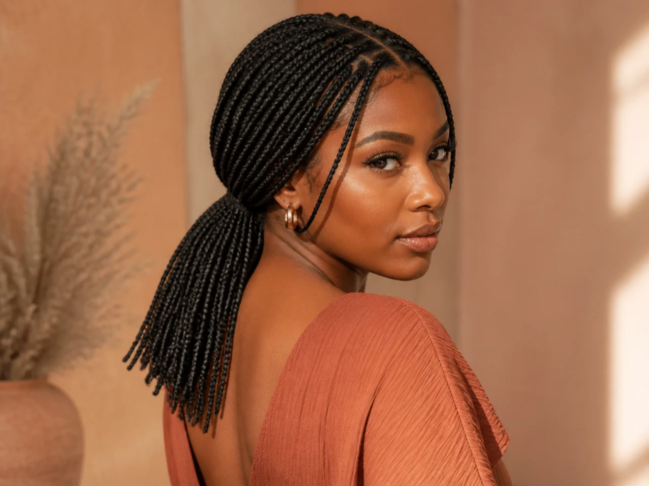 Shoulder length braids in a low ponytail