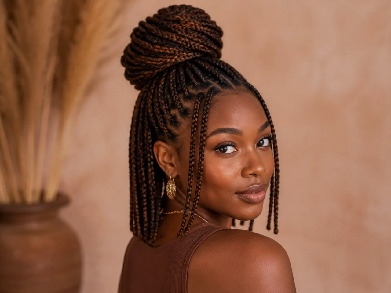 Shoulder length braids in a high bun
