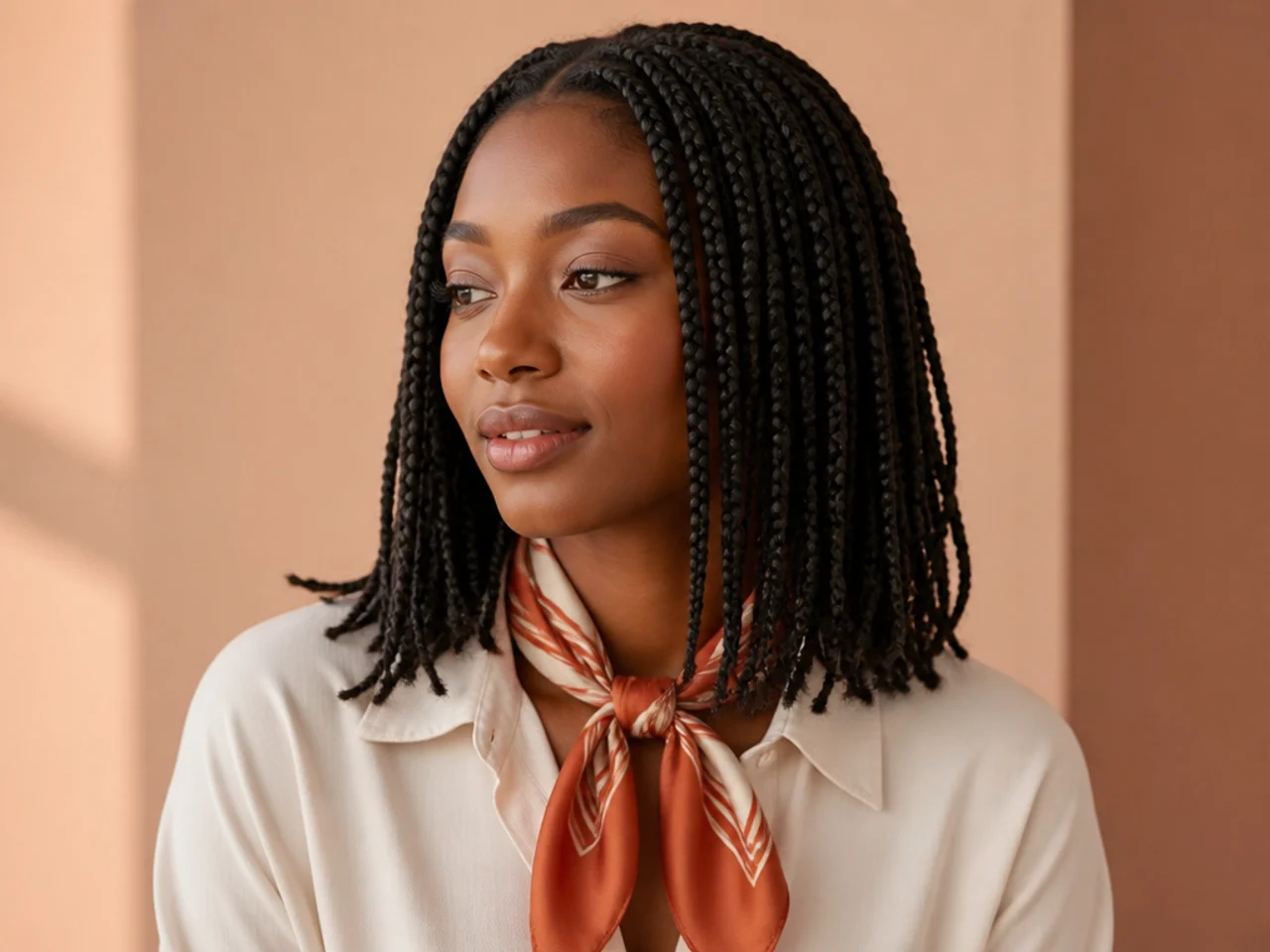 A satin scarf worn between braids and a collar