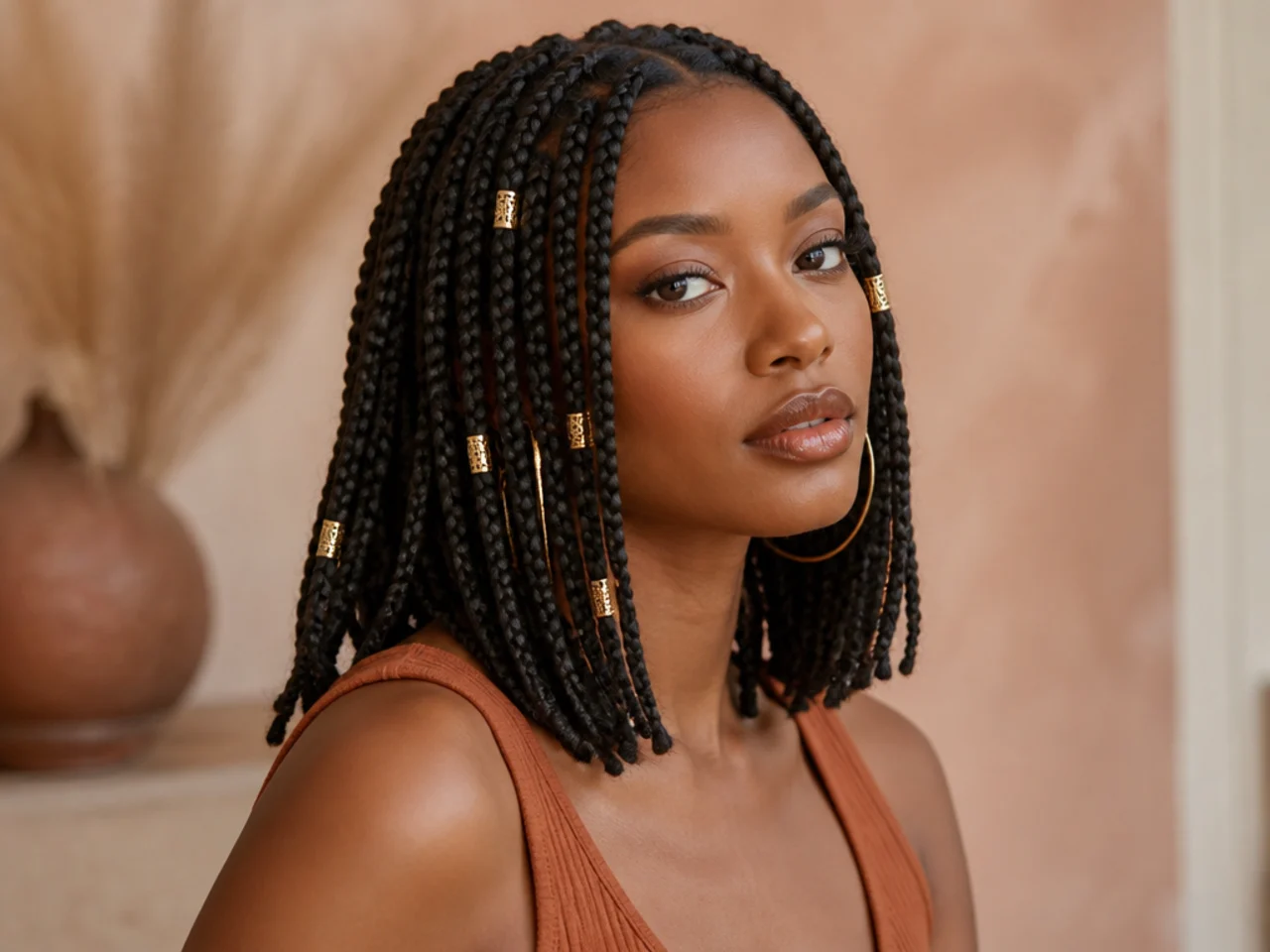 Shoulder length braids with gold cuffs