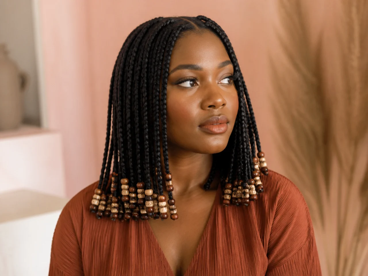 Shoulder length braids finished with beads