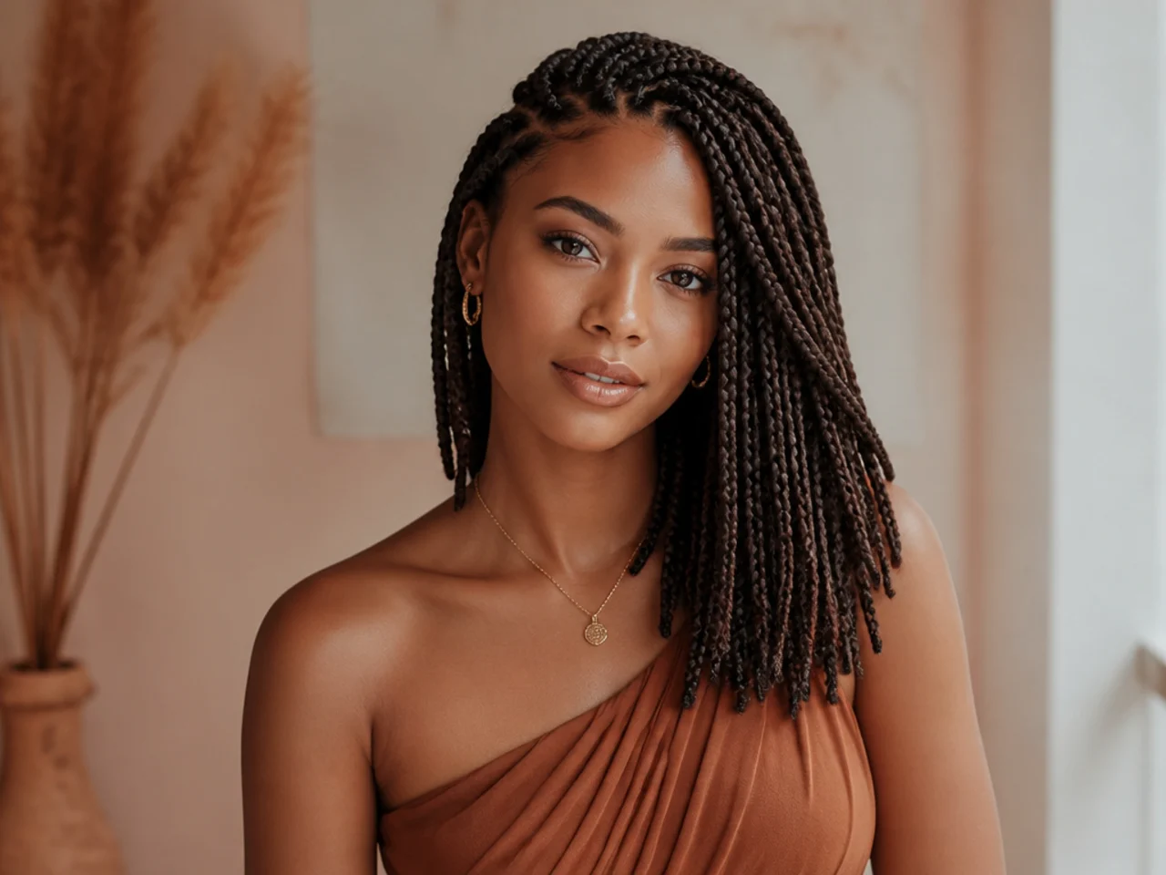 Shoulder length braids gathered over one shoulder