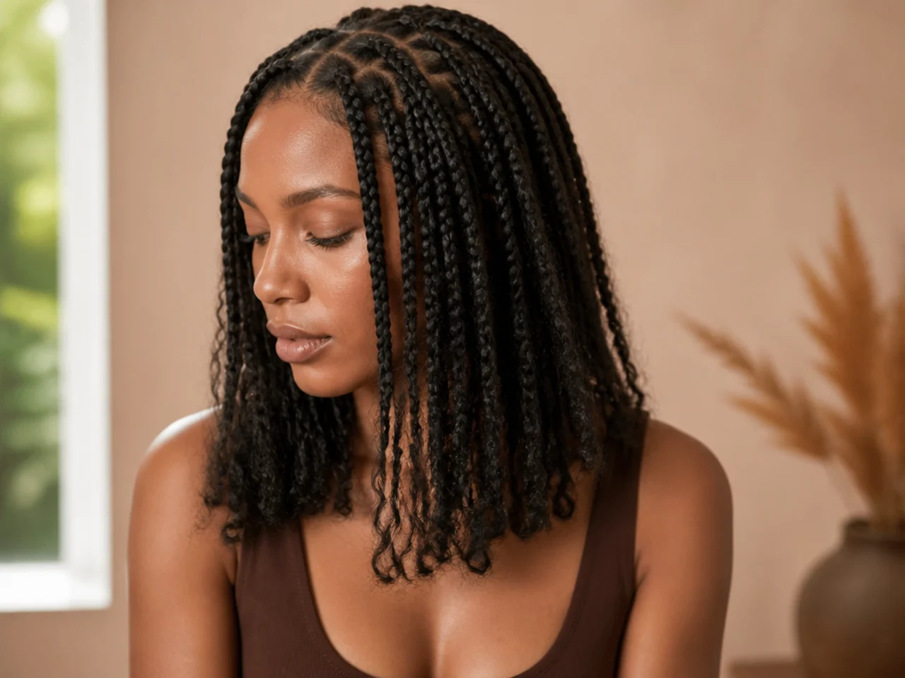 Shoulder length braids at five weeks showing a band of frizz