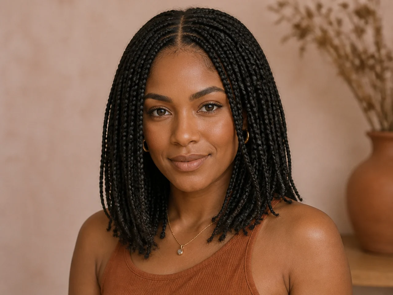 Shoulder length braids with a centre parting