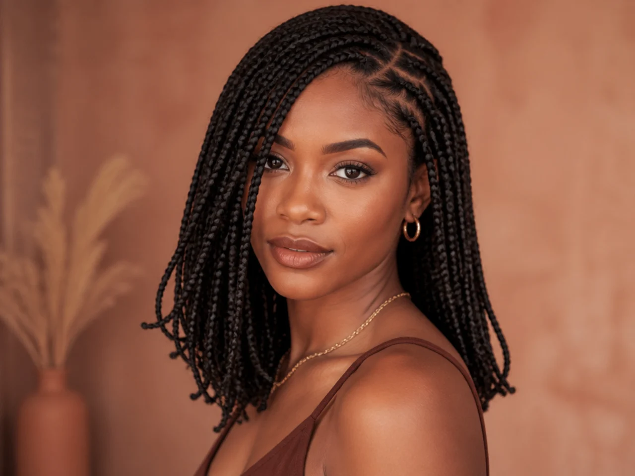 Shoulder length braids with a deep side part