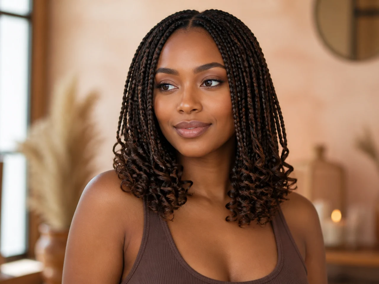 Shoulder length braids with curled ends