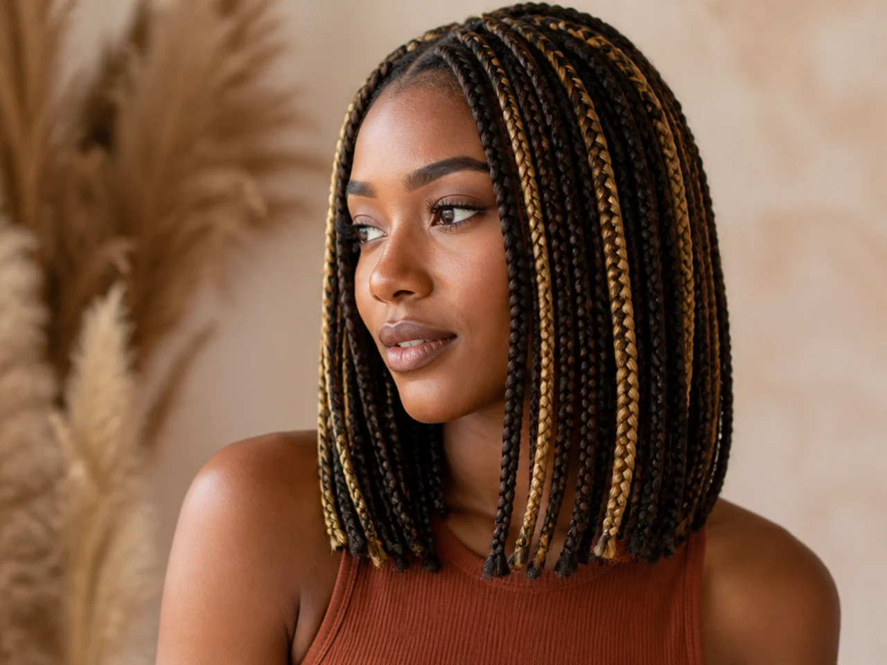Shoulder length braids with scattered highlights