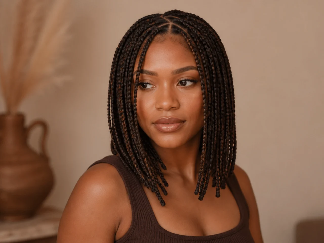 Three-quarter view of finished shoulder length braids