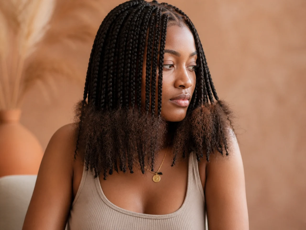 A band of frizz across braids at shoulder height