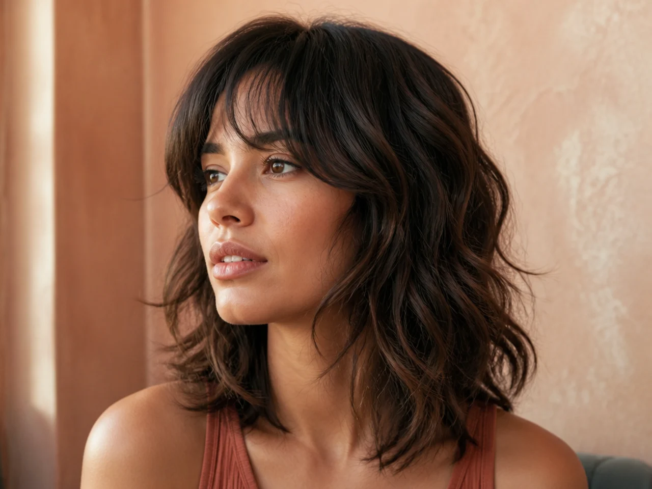 A soft rounded shoulder length shag with gentle layers and no hard steps