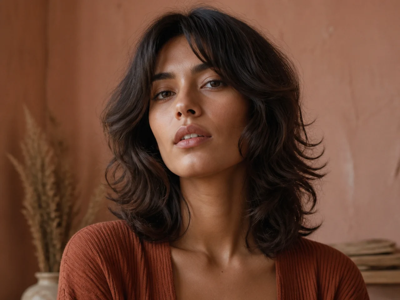 A feathered seventies style shoulder length shag with sides flicking away from the face