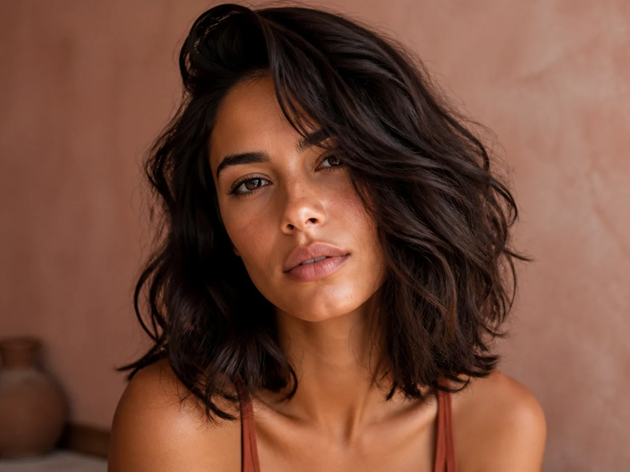A shoulder length shag worn with a deep side parting and volume on the heavy side