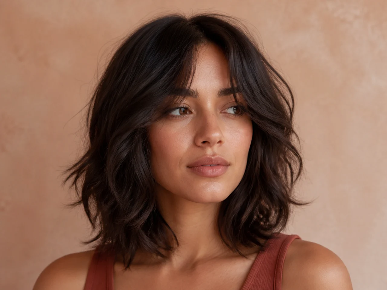 A shoulder length shag parted down the centre with symmetrical face framing