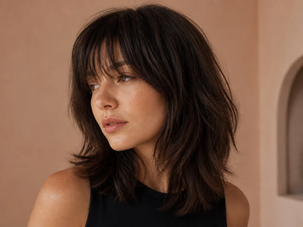 A shoulder length shag with heavy internal layers and a sharp blunt perimeter