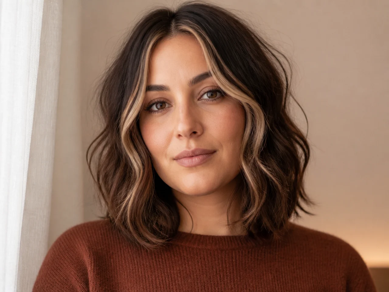 A shoulder length shag with two lightened money piece panels at the parting