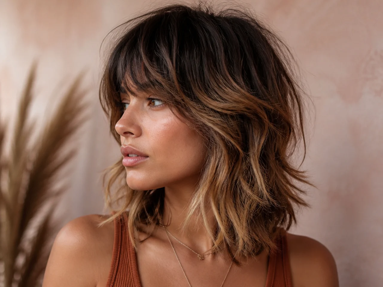 A shoulder length shag with a shadowed root melting into lighter mid lengths