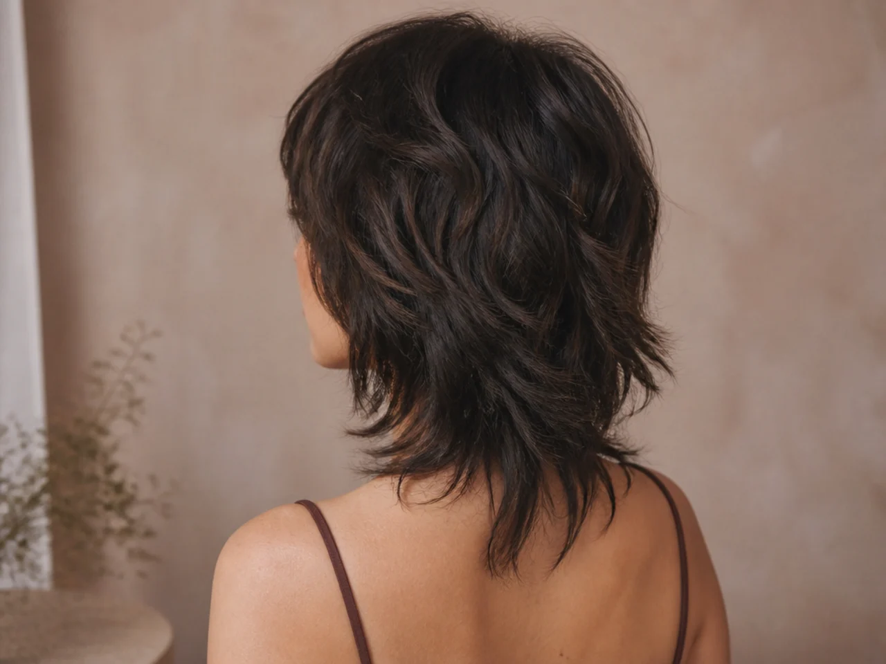 Rear view of a shoulder length shag with the bulk removed from the nape