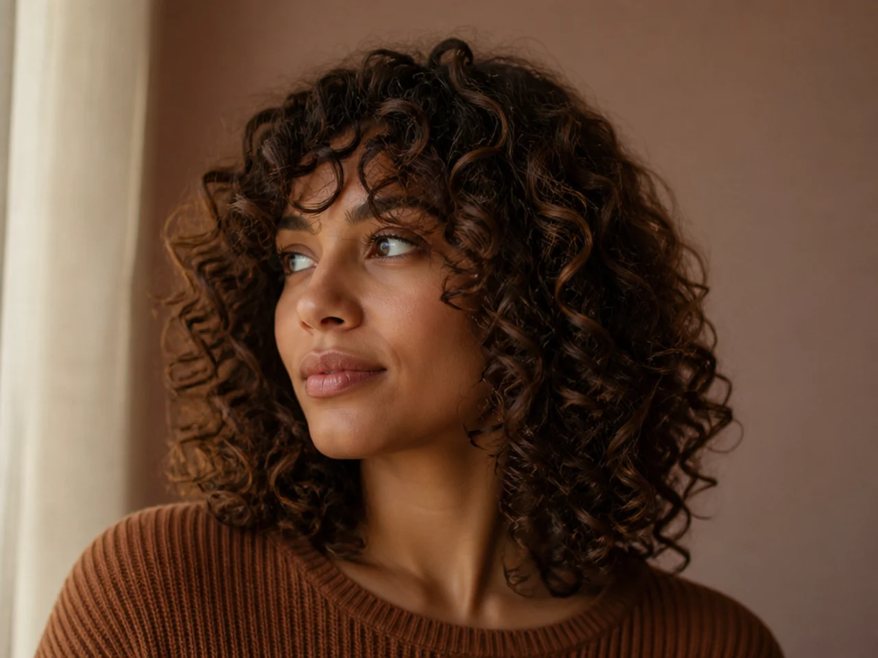 A curly shoulder length shag with defined spiral curls, cut dry