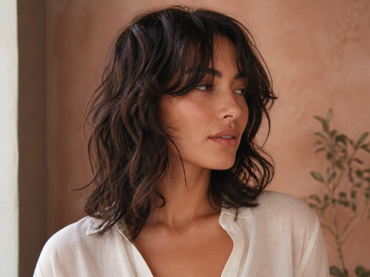 A wavy shoulder length shag with shorter pieces framing the cheekbones