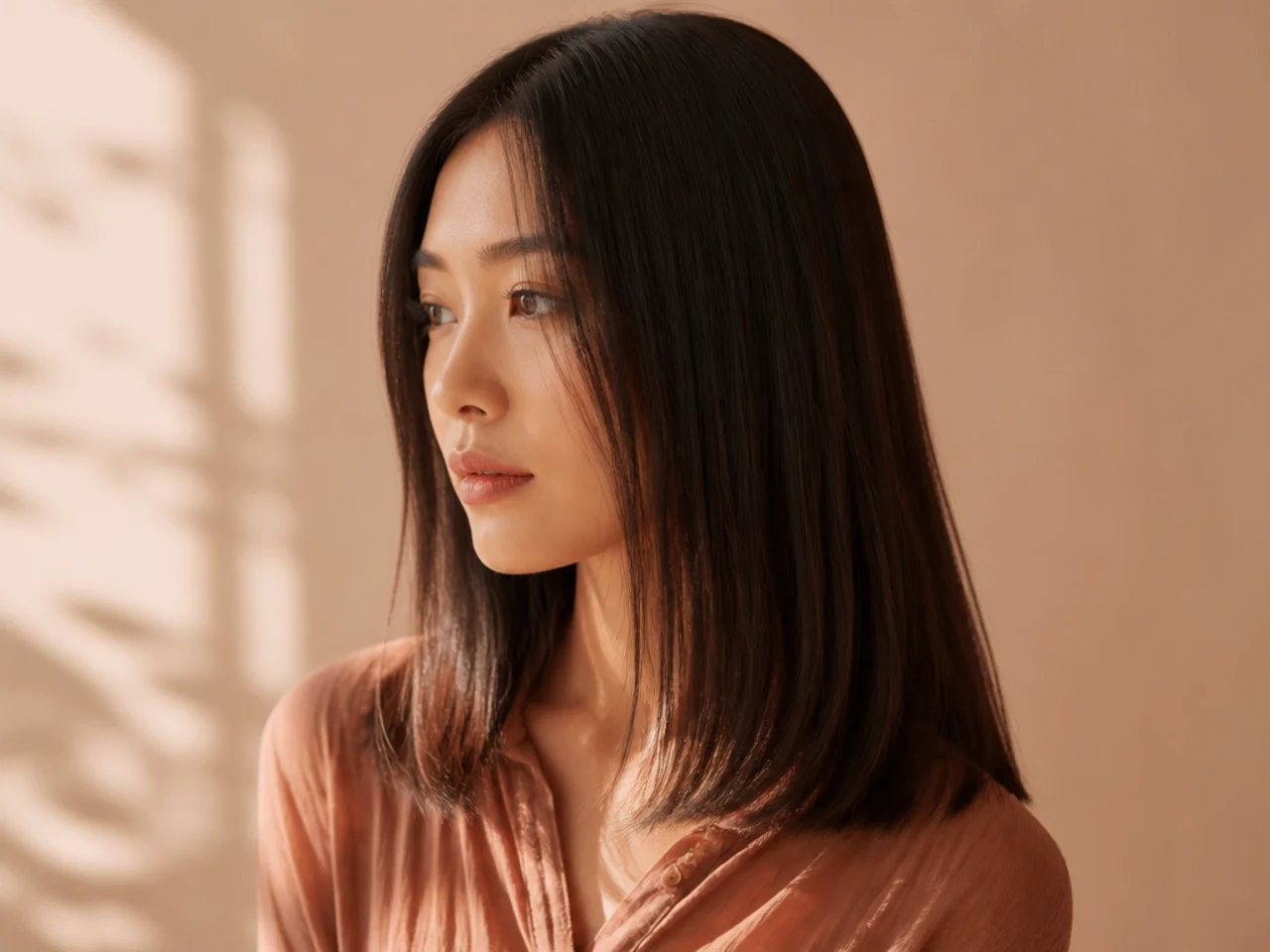 Straight shoulder length hair with softly point cut ends catching the light