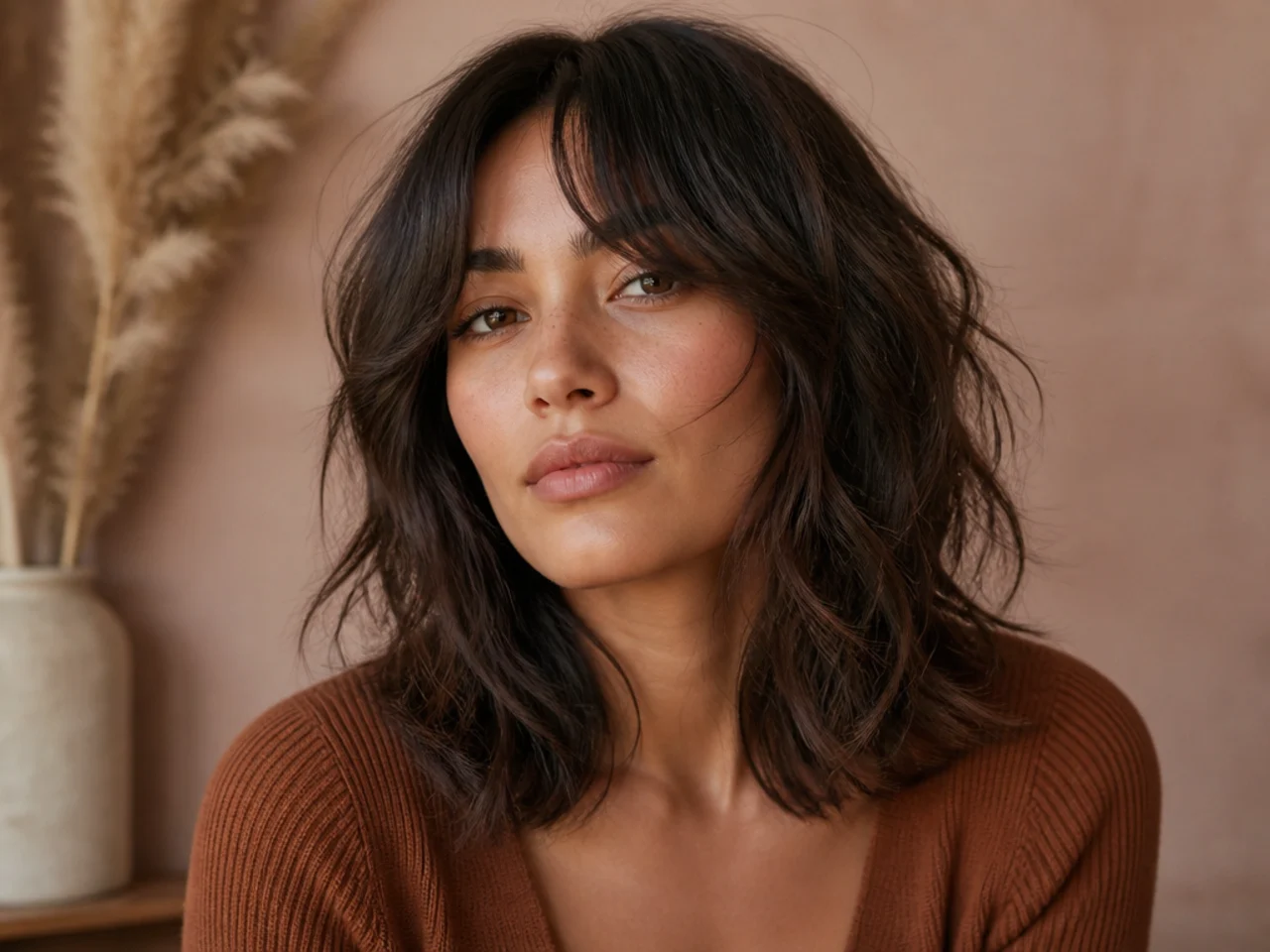 A shoulder length shag with curtain bangs parted at the centre