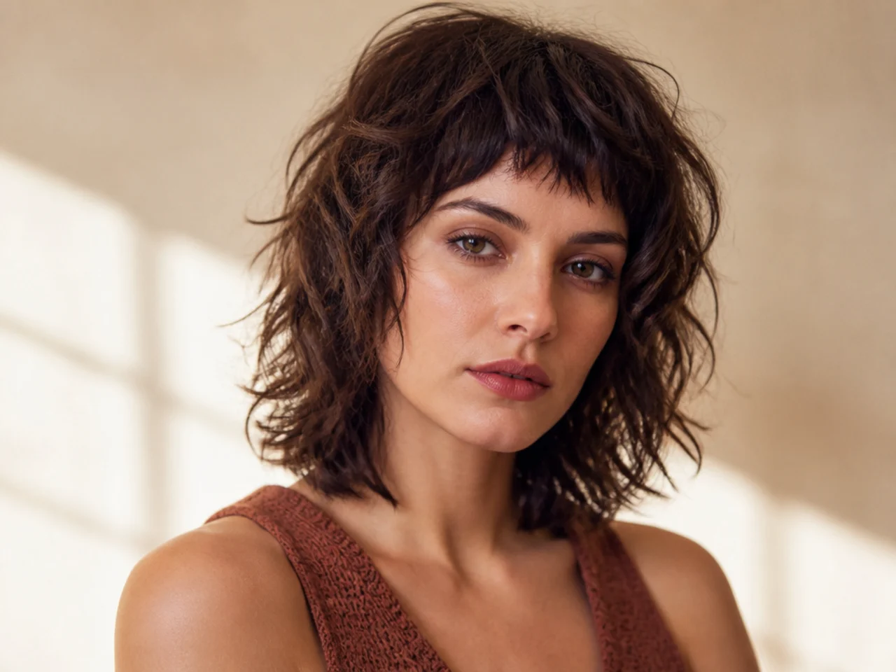 A shoulder length shag with a short blunt fringe cut at the brow