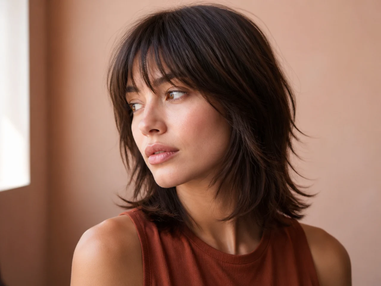 A fine haired shoulder length shag with soft shallow layers and a full perimeter