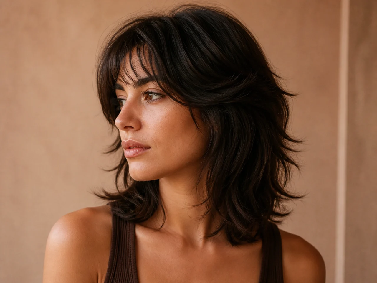 A thick shoulder length shag with the bulk removed from the interior
