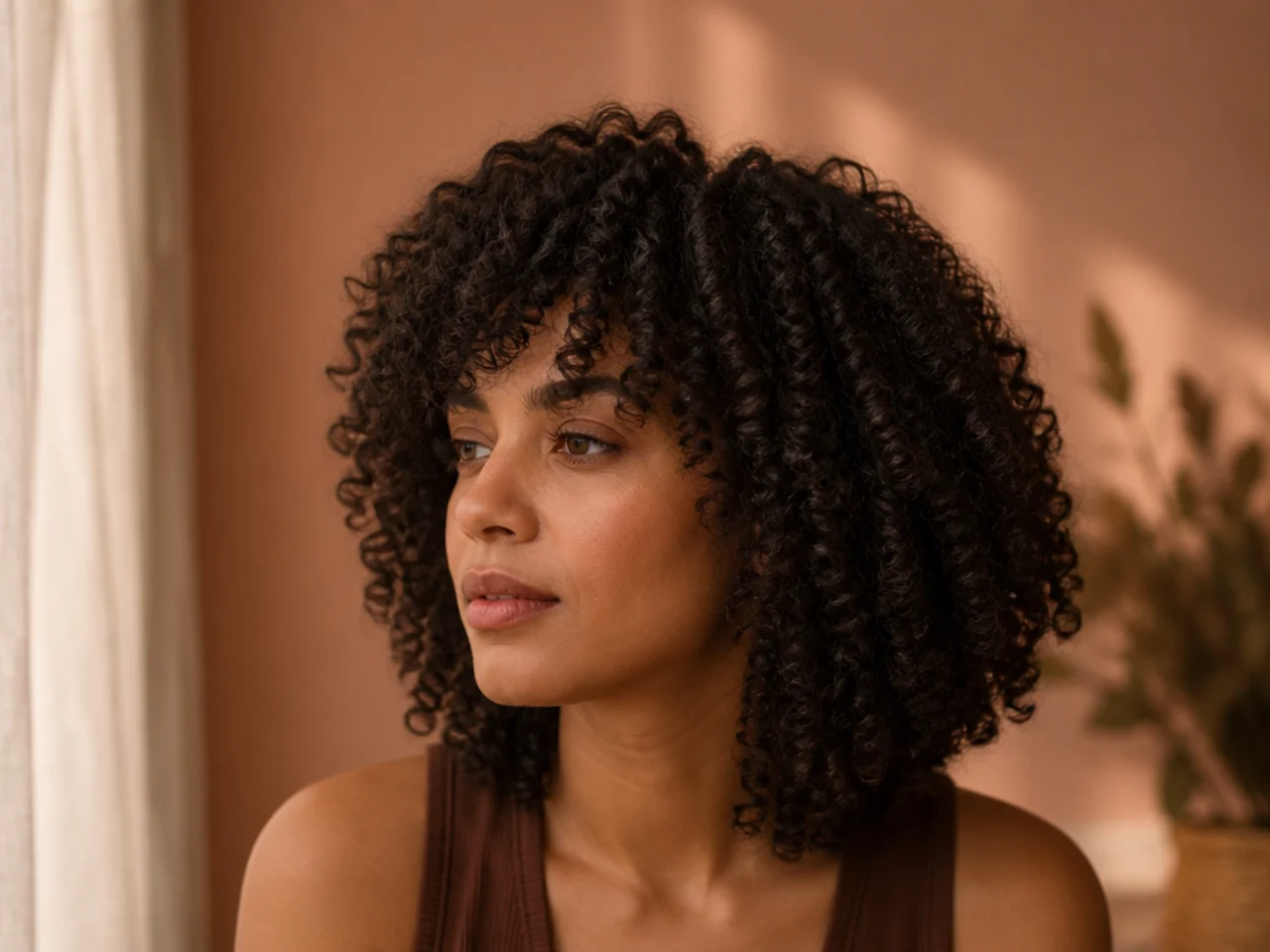 A coily shoulder length shag with tight defined coils and visible shape at the crown