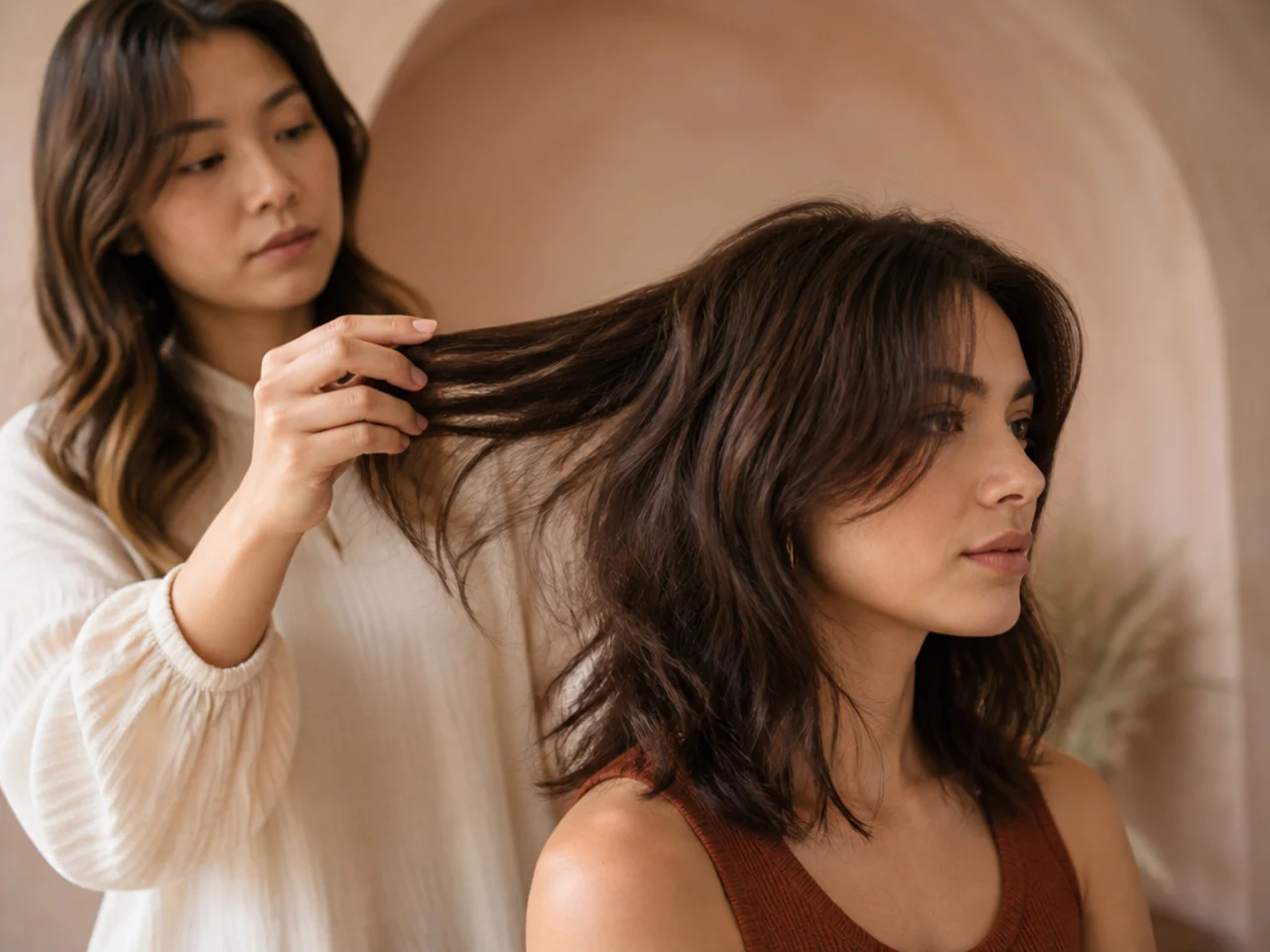 A stylist holding a section of shoulder length hair away from the head to check layer depth